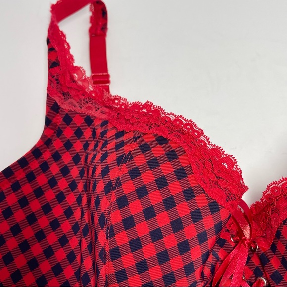 Frederick’s Of Hollywood Lightly Lined Bra Womens Size 42DD Red Plaid Underwire - Picture 3 of 11